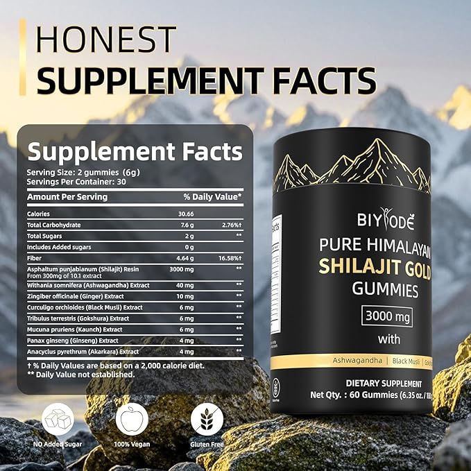 Shilajit Gummies: Pure Shilajit Himalayan Rich in Ashwagandha Gaulshura Fulvic Acid 85 Micronutrients Suitable for Men and Women No Added Sugar