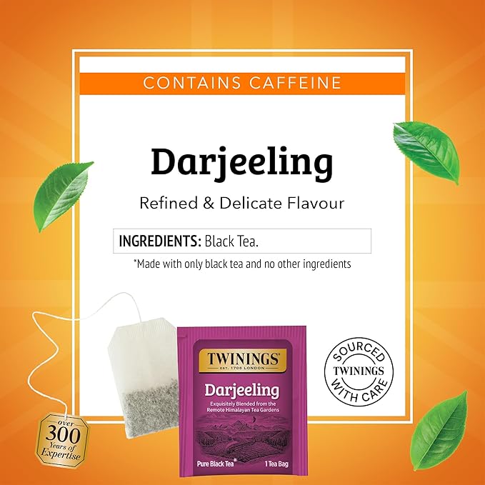 Twinings Darjeeling Black Tea Individually Wrapped Bags, 20 Count (Pack of 1), Delicate Light Taste, Caffeinated, Enjoy Hot or Iced, 20 Teabags