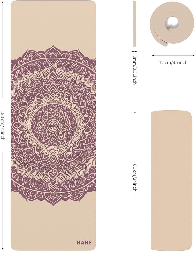 HAHE Yoga Mat Thick (8MM,1/3"), Eco-Friendly POE Non Slip Yoga Mat, High Rebound & Shock Absorption, Anti-Tear & Sweat-Resistant for Yoga, Fitness, Home, Workouts, Large Pilates Mats 72"x24" with Carrying Strap