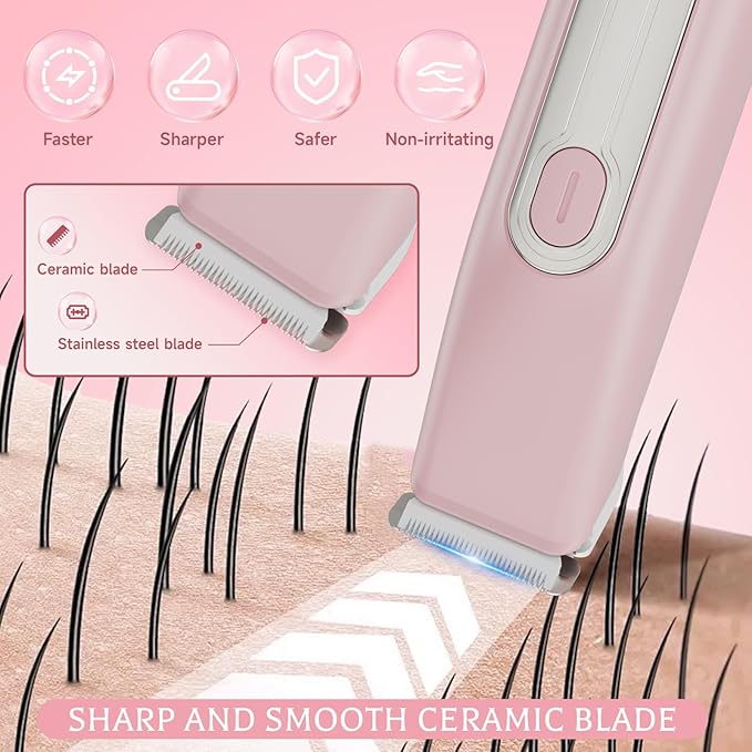 Bikini Trimmer for Women - 2 in 1 Women Electric Shaver,Cordless Body Razor for Trip,Replaceable Lady Facial Razor, IPX6 Waterproof&Easy Cleaning, Ceramic Blade, USB Charge 706 Pink