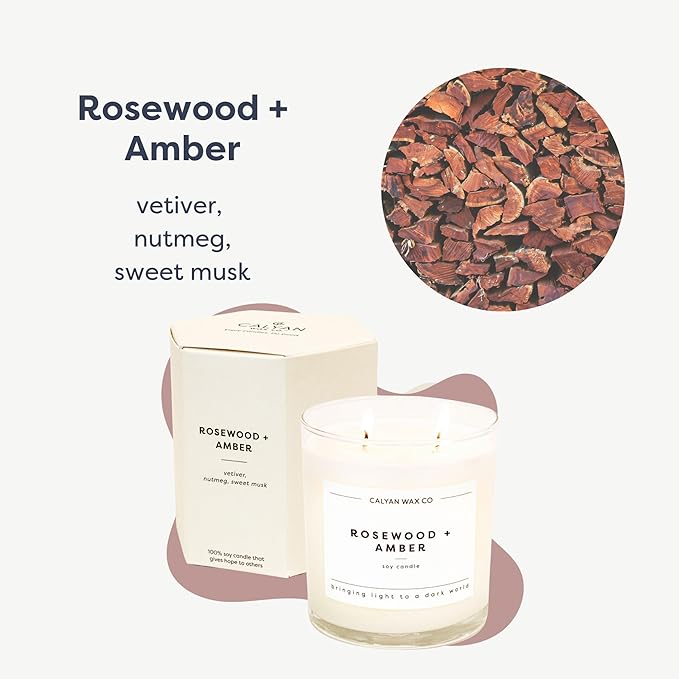 Calyan Wax Co. Rosewood & Amber 2 Wick Scented Candle - 37 Hour Burn - Luxury Non Toxic Soy Wax Candles - Long Lasting Large Glass Jar Candle for Home - 8.8oz