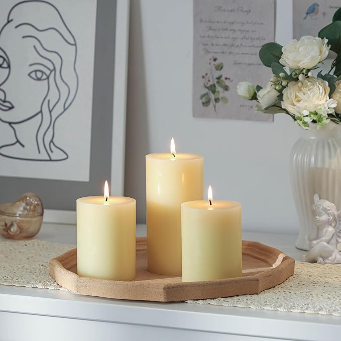3x4 Inch Ivory Pillar Candles Set of 3 - Decorative Unscented Pillar Candles, Long Burning Dripless Candles for Table Decor, Smokeless Large Pillar Candle for Wedding, Dinner, Rustic Home Decor