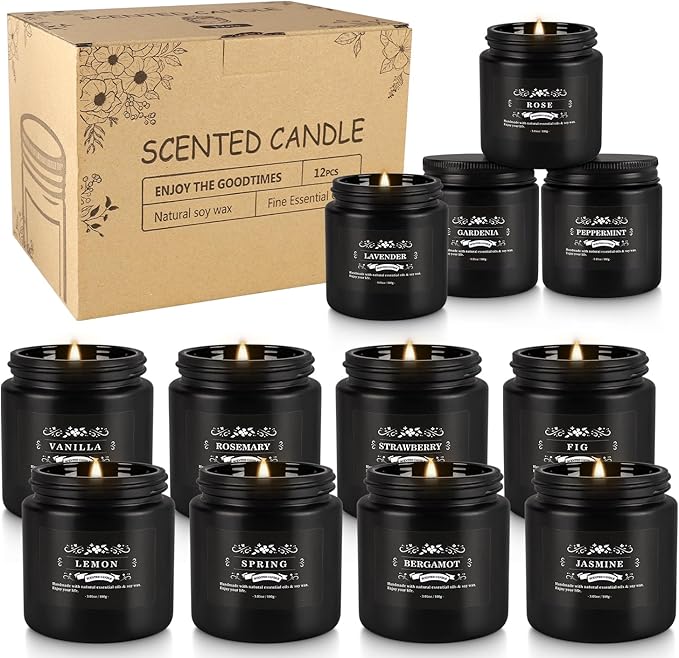 12PCs Black Scented Candles - Aromatherapy Candle Set, Soy Wax Candle for Home Camping & Garden, Christmas Gifts for Men or Women Indoor Outdoor, 3.05 Ounce Each