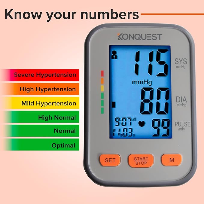 Konquest Automatic Upper Arm Blood Pressure Monitor - Extra Large Cuff 12 ½ ” to 19 ” (32 to 48.5 cm) - Large Backlit Display - Irregular Heartbeat Detector - Blood Pressure Monitor for Home Use