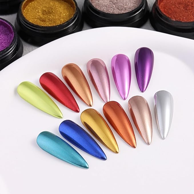 Chrome Nail Powder with Nail Glitter Set 12 Colors Gold Silver Copper Holographic Nail Powder Iridescent Metallic Mirror Crome Powder with Brushes for Chrome Gel Nail Decor