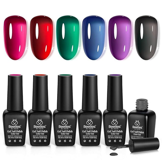 Beetles Vivid Noel Jelly Gel Nail Polish Set - 6 Colors Jelly Gel Polish Kit Pink Red Black Blue Green Purple Sheer Translucent Effect Soak Off UV DIY Home Salon Manicure Gift for Women