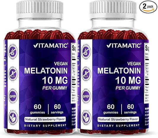 Vitamatic Melatonin 10 mg Vegetarian Gummies – Non-Habit Forming – 60 Gummies per Bottle – 2-Pack (Total 120 Vegan Gummies)