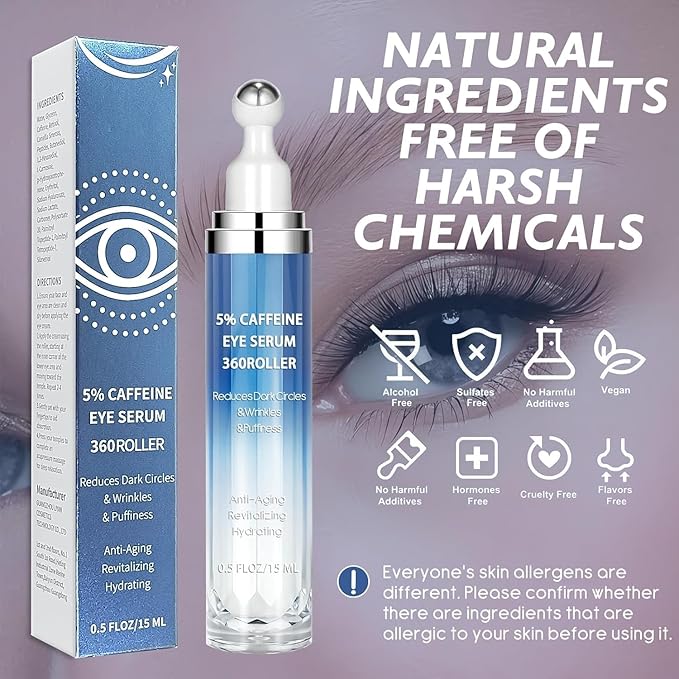 5% Caffeine & Retinol Eye Cream with 360° Roller – Hydrating & Anti-Aging Formula for Fine Lines, Puffiness, Dark Circles & Bags – Moisturizing Treatment Serum for Women & Men