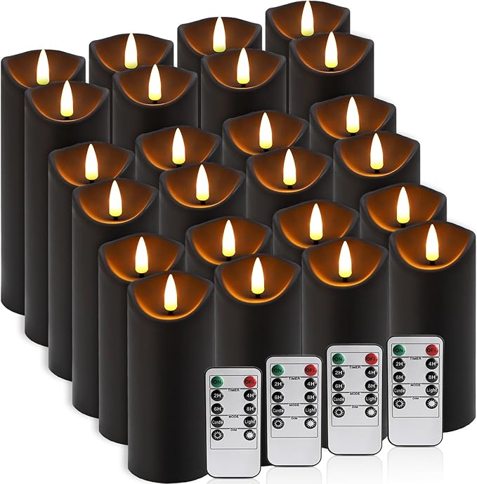 Realistic Flameless LED Candle Black Set of 24, Battery Operated with Remote Control, 3D Flame Pillar Timer Funtion Melted Top Safe,Perfect for Indoor/Outdoor Decor,Wedding,BBQ and Gift