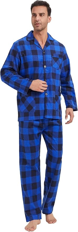 GLOBAL Men's Pajamas Sets 100% Cotton Flannel Sleepwear Long-Sleeve top & Bottom