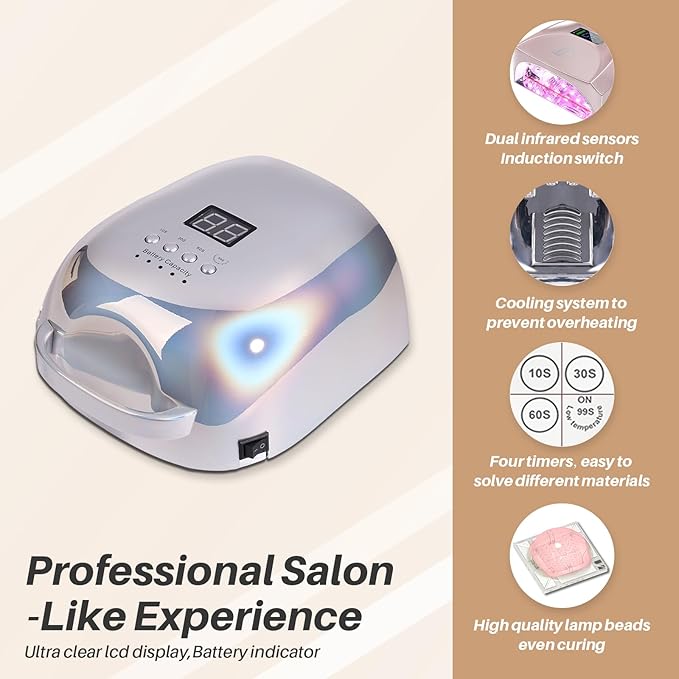 52 Beads Professional Nail Lamp,Cordless LED UV Light for Gel Nails,Electroplated Mirror-Finish Inner Wall and Base Plate,Rechargeable 18000 mAh Battery,84W High Power (Holographic Silver)
