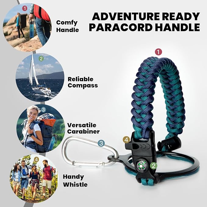 Insulated Water Bottle 24oz, Triple Wall Vacuum Stainless Steel (Cold for 48 Hrs, Hot for 24Hrs), Leak Proof & Non-BPA, 24oz Hydro Water Flask with Paracord Handle & Straw Spout Lids