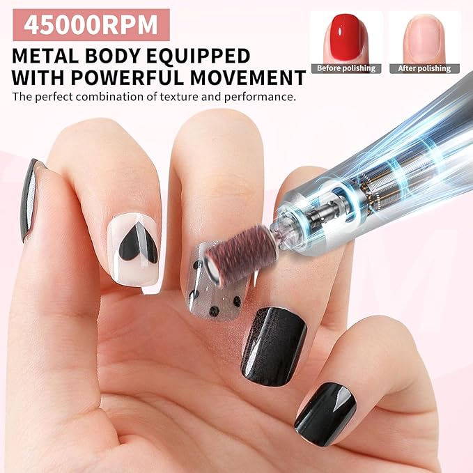 LIMEGIRL Professional Electric Nail Drill Kit 45000RPM Portable Cordless Toenail Cordless Toenail Machine with 14 Drill Bits and Base for Women (Pink)