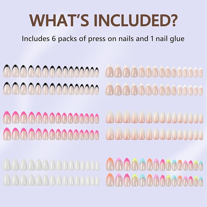 6 Packs Press On Nails Almond, Misssix French Tip Press On Nails Short, Reusable Glue On Nails, Gel Fake Nails for Women, Stick On Nails Kit 15 Sizes-6 styles in total