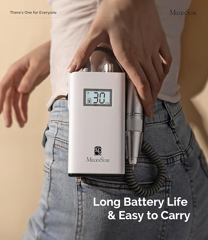 MelodySusie Professional Rechargeable 30000 rpm Nail Drill,SC320H Portable Electric E File Scamander, Acrylic Gel Grinder Tools with 6 Bits and Sanding Bands for Manicure Pedicure Carve Polish (White)