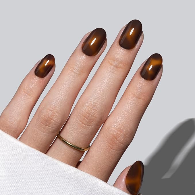 Tortoise Shell Press on Nails Short - Soft Gel Oval Press on Nails for Women, Seamless Fit & Glossy Glue on Nails 16 Sizes - 32 Reusable Fake Nails Kit with Glue, Amber Memory