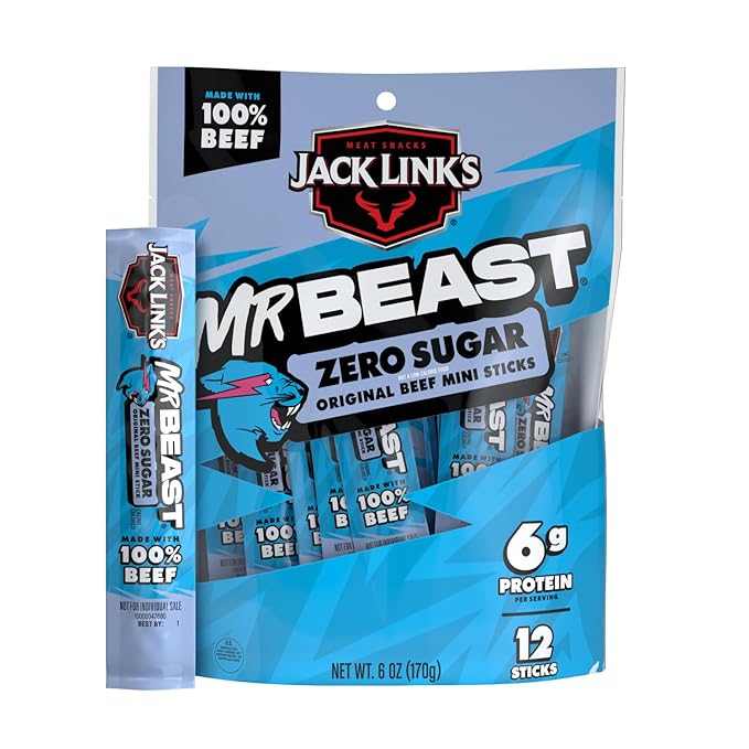 Jack Link’s x MrBeast Zero Sugar Mini Beef Sticks – 6g Protein per 2 Individually-Wrapped Meat Sticks, Made with 100% Real Beef, Perfect for School Lunches, Kids Snacks, 12 Count of .5oz Sticks