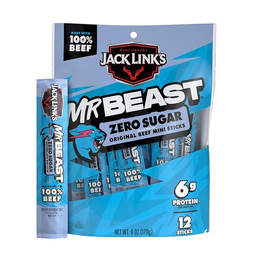 Jack Link’s x MrBeast Zero Sugar Mini Beef Sticks – 6g Protein per 2 Individually-Wrapped Meat Sticks, Made with 100% Real Beef, Perfect for School Lunches, Kids Snacks, 12 Count of .5oz Sticks