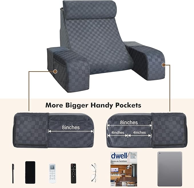 Vekkia Reading Pillow with Adjustable-Arms & Headrest – Multi-Firm Foam Backrest Cushion for Adults with Extra-Large Pockets for Reading, TV, Gaming & Work, Recovery on Bed & Floor, 19"(Grace Grey)