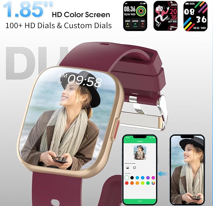 Smart Watch for Men Women Bluetooth Call, 2025 New 1.85" HD Smartwatch, Fitness Watch with 120+ Sport Modes, IP68 Waterproof, Heart Rate/Sleep Monitor, Activity Tracker for Android iOS,Burgundy