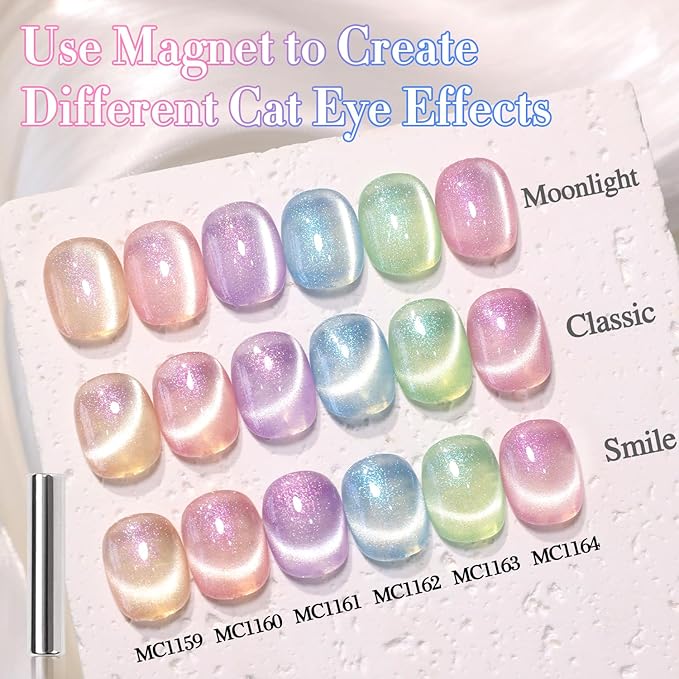 Double Rhythm Cat Eye Gel Nail Polish Set of 6 Same Color Same Bottle 0.5 Oz Shimmer Glitter with Magnet Holographic Reflective Magnetic UV Nail Polish Kit at Home (Nude Pink Green Purple-T6-29)