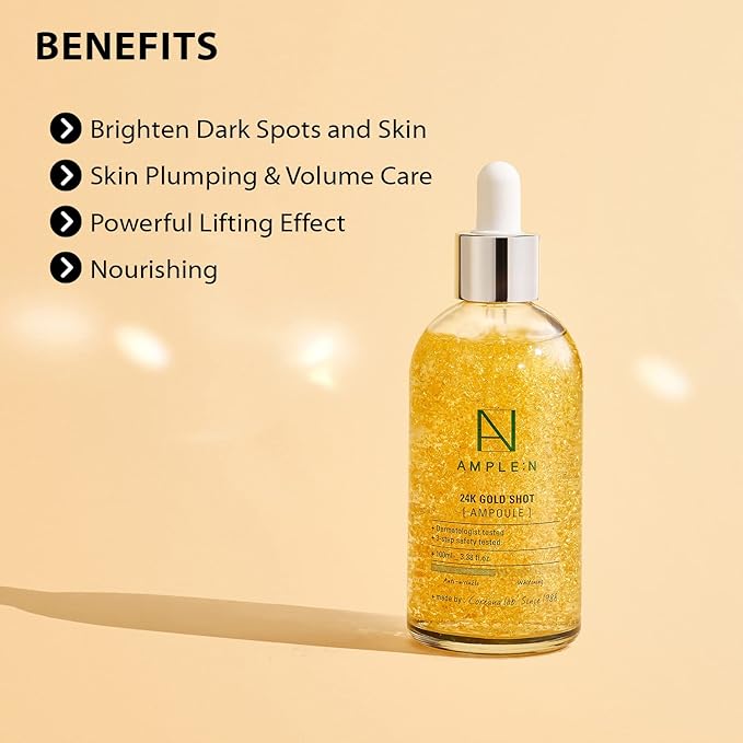 AMPLE:N 24k Gold Shot Serum - Korean 24K Gold Anti Aging Serum – Erasing Wrinkles and Fine Lines with Collagen & Peptides – Evens Skin Tone for Dull and Saggy Skin - 3.38 fl.oz.