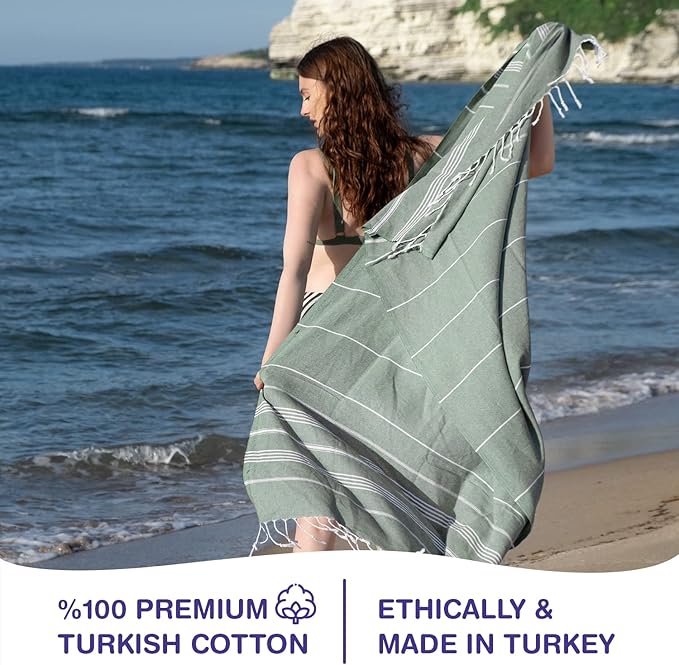 Turkish Beach Towels, Bulk Case of 24 | Oversized, Quick Dry, Sand Free | 100% Cotton, Large 38x71 Towels for Beach, Pool, Travel | Ultra-Soft, Compact, Absorbent | Light Green