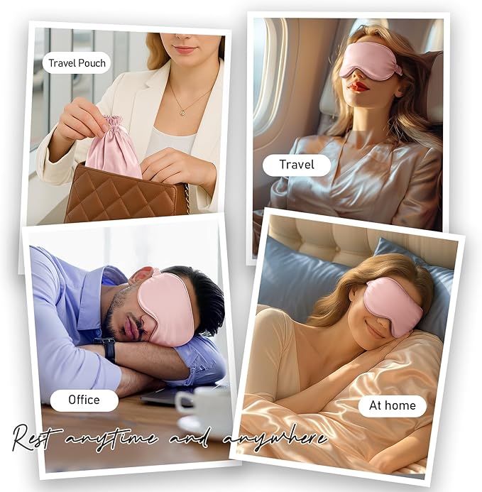 Umisleep 100% Pure Mulberry Silk Sleep Mask, 22 Momme 6A Soft & Smooth Fibers, Breathable Eye Mask for Women & Men, Better Light Blocking Sleeping Mask with Travel Pouch, Adjustable Blindfold, Pink