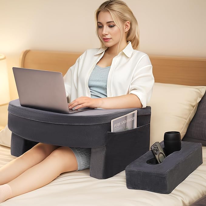 Reading Pillow & Gaming Pillow for Lap, Lap Desk Pillow for Gaming with Coaster, Soft Arm Rest Pillow for Adult, Memory Foam Rest Pillows for Reading, Working, Sitting in Floor Sofa, Grey