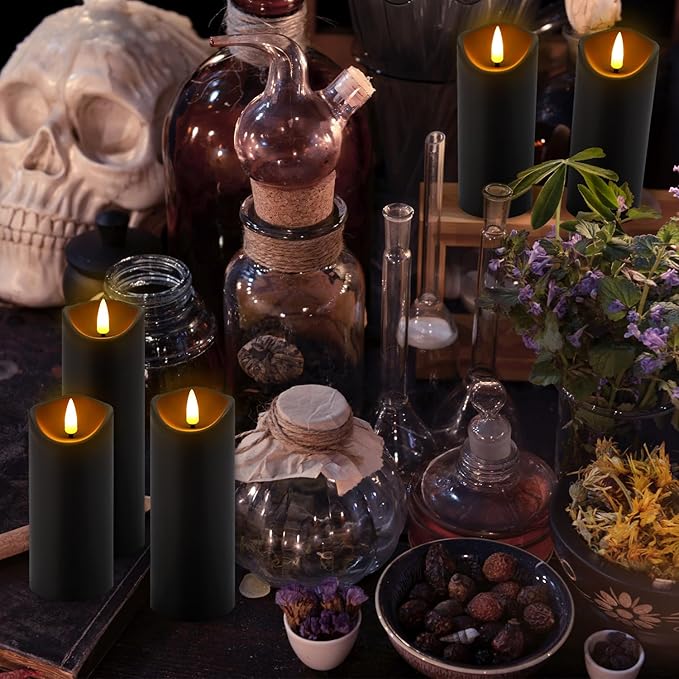 Realistic Flameless LED Candle Black Set of 24, Battery Operated with Remote Control, 3D Flame Pillar Timer Funtion Melted Top Safe,Perfect for Indoor/Outdoor Decor,Wedding,BBQ and Gift