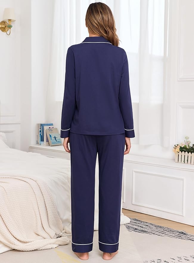 Veseacky 100% Cotton Pajamas for Women Set Long Sleeve Button Down Sleepwear Soft Pjs Lounge Sets with Pockets S-XXL