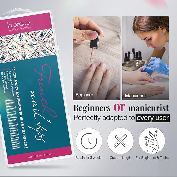 krofaue French Nail Tips - Acrylic Soft Gel False Tips 500PCS Half Cover Square Fake Nails for Women Half Matte French Tip Press on Nails 10 Sizes