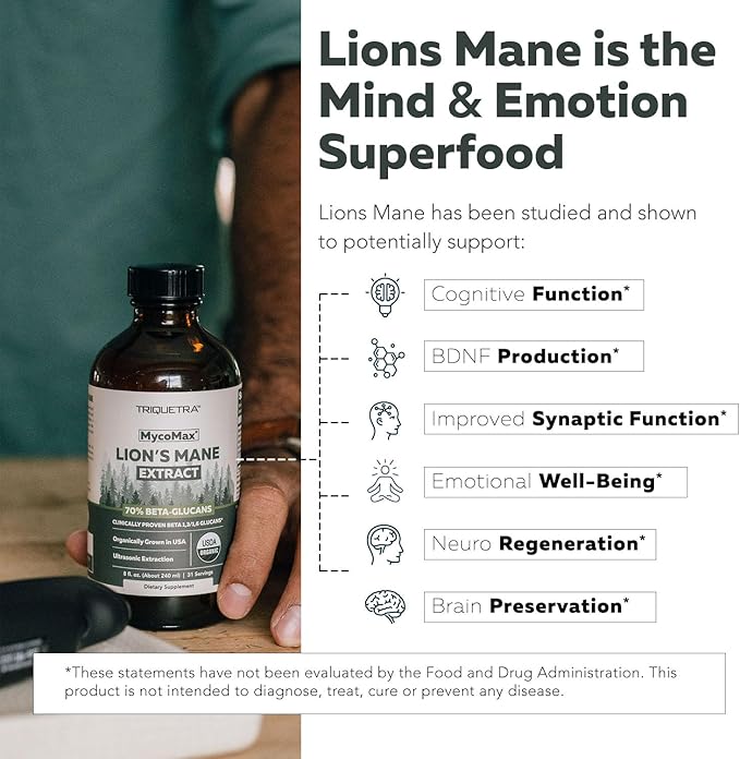 MycoMax Lions Mane Extract - 70% Beta Glucans, Max Potency Organic Lions Mane Supplement, US Grown + Ultrasonic Extraction - 500 mg per serving - Mental Clarity, Focus and Memory - 8 oz.