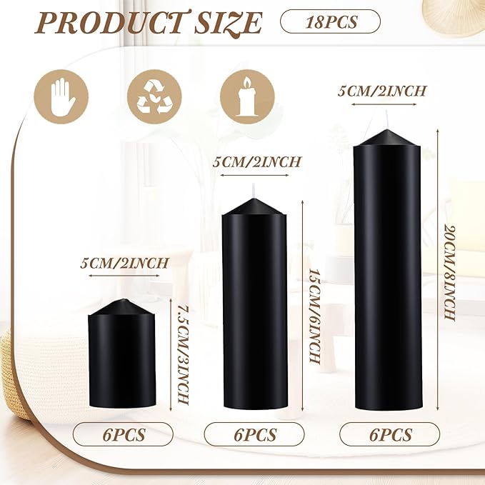 MTLEE 18 Pcs Set of 3 Pillar Candles Bulk 2 in x 3, 6, 8 Long Burning Clean Unscented Smokeless Pillar Candles for Wedding Emergency Lanterns Ceremony Party(Black)