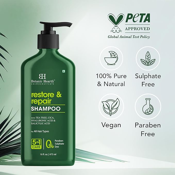Botanic Hearth Tea Tree Shampoo Infused With Cica, Hyaluronic Acid & Salicylic Acid | Clarifying Shampoo To Repair, Restore & Strengthen Hair | Paraben & Sulfate Free | For All Hair Types, 16 Fl Oz
