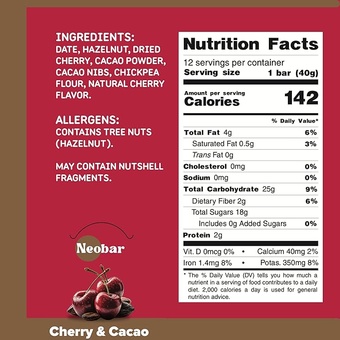 NEOBAR Fruit and Nut Bars - Plant-Based Vegan Snack Bars, Gluten Free Dairy Free Snacks, No Added Sugar, No Preservatives, Non-GMO | Cherry & Cacao,12 Count