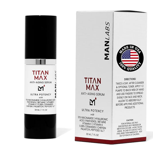 Titan MAX Anti-Aging Face Serum for Men – Ultra Potency Mens Face Moisturizer – Men, Dark Spots, Wrinkles, Fine Lines – Vitamin C & E, 10% Niacinamide, Hyaluronic Acid – Unscented
