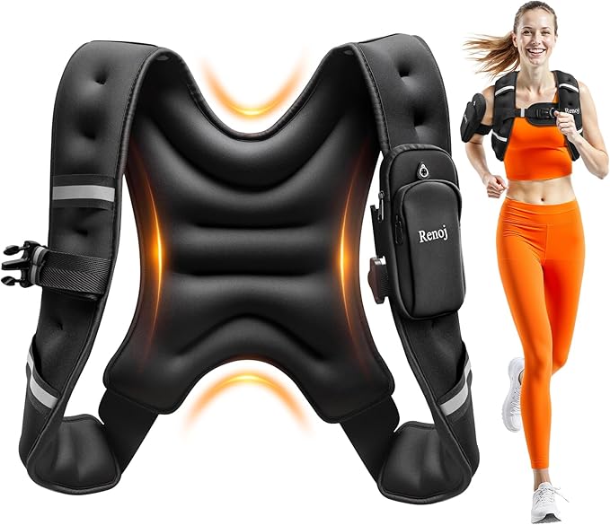 Renoj Weighted Vest for Women Men: 6lb/8lb/10lb/12lb/16lb/20lb Weight Training Vest for Workout, Running, Walking, Exercise, Weight Loss, Weight Lifting - With Reflective Strips and Storage Pocket