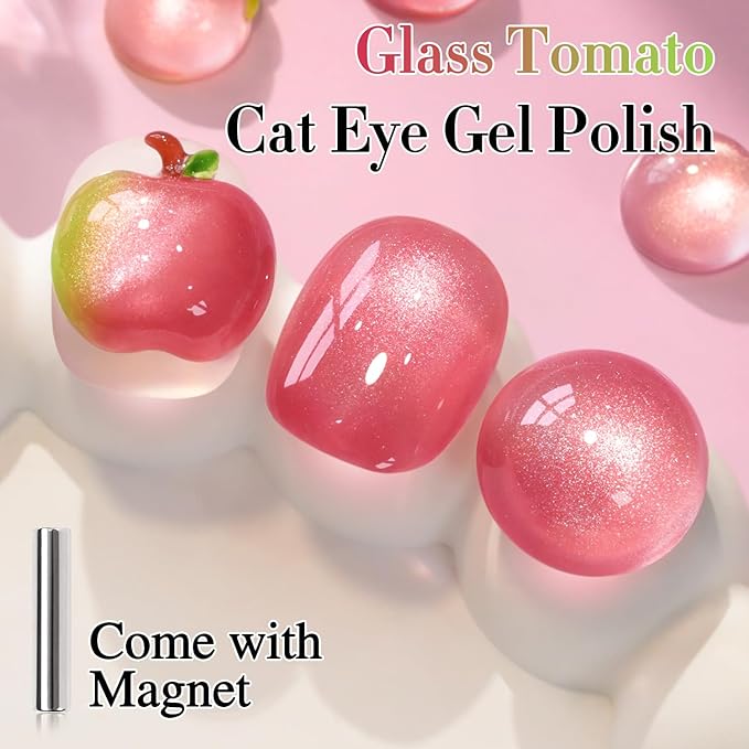 Double Rhythm 0.5 OZ Cat Eye Gel Polish with Magnet 15ML Holographic Glitter Shimmer Translucent Jelly Color Magnetic Nail Polish Salon DIY at Home (Red Pink-MC1207)