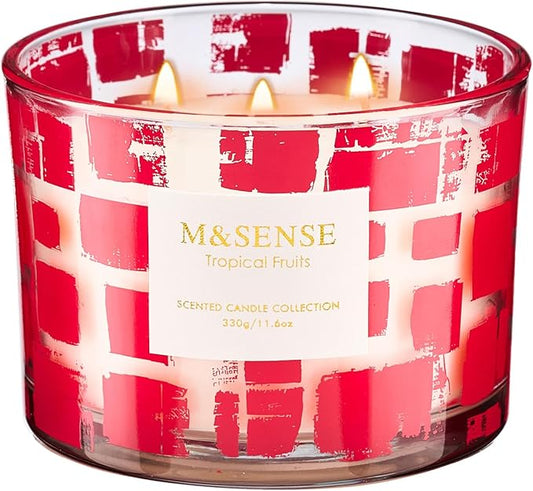 M&SENSE Tropical Fruits Scented Candle,11.6oz Natural Soy Wax, Non Toxic for Home, 3 Wick Jar Candle, Up to 60 Hours Burn time,Housewarming Gifts for Women&Men