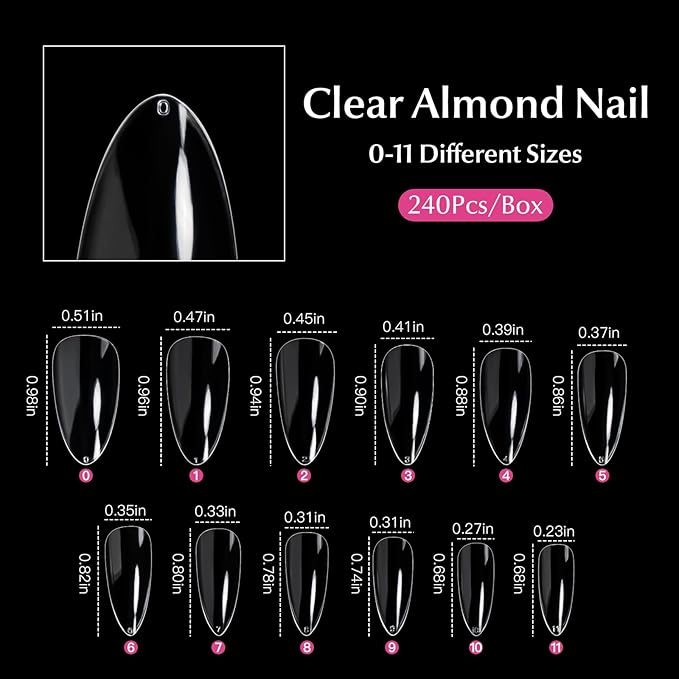 krofaue Short Almond Nails Tips 240Pcs 12 Sizes- Soft Gel Clear No Crease Pre-shape Oval Artificial Acrylic False Full Cover Press on Nails for Extension Home DIY Art