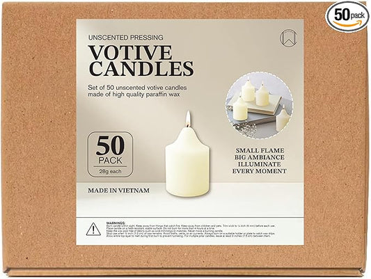 CW Studio Unscented Pressing Votive Candles – Long Hours Burn, Smokeless & Dripless – Premium Wax with Cotton Wick – Perfect for Weddings, Events, Home & Romantic Décor (50, Ivory, 1.5x1.3 inches)