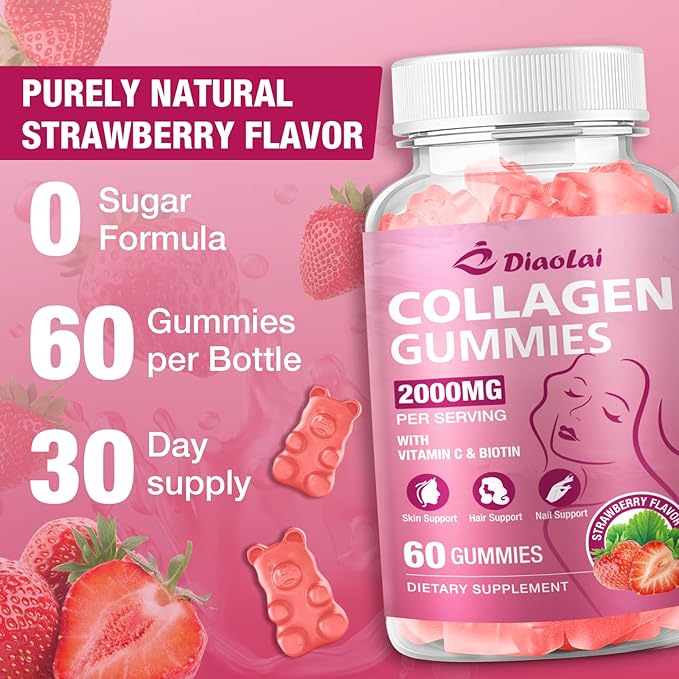 Sugar-Free Multi Collagen Gummies for Women & Men – Types I, II, III, V, X with Biotin, Vitamin C & Zinc for Hair, Skin & Nails | Strawberry Flavor | 60 Gummies