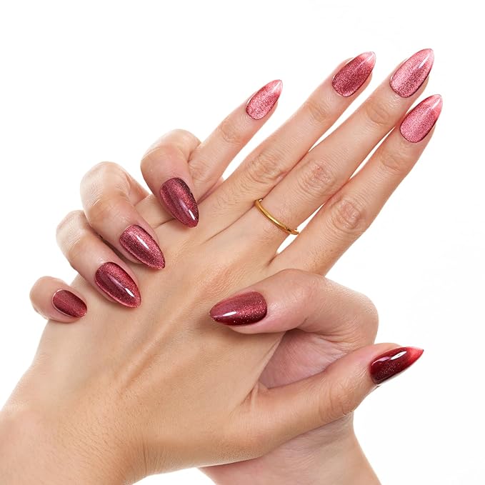 GLAMERMAID Magnet Cat Eyes Dark Red Press on Nails Short Almond, Handmade Jelly Gel Fake Nail Set, Ombre Glitter Magnetic Glue on Nail Stiletto, Scarlet Medium Oval Stick on False Nail Set for Women