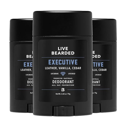 Live Bearded Men's Deodorant - Long Lasting, Aluminum Free, All Natural, Activated Charcoal Deodorant for Men, Travel Size - Executive, 3 Stick