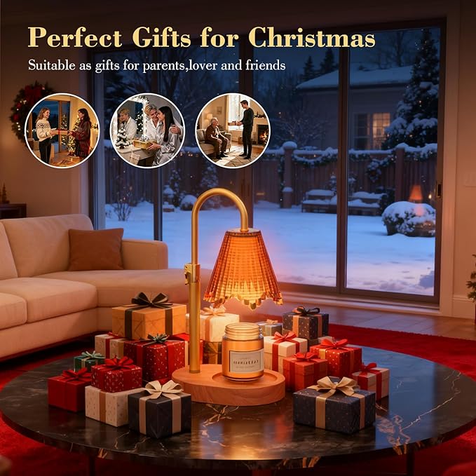 Candle Warmer Lamp with Adjustable Height - Flameless 4-Level Dimmable Wax Warmer with Colorful Glass Shade & Wooden Base, Timer Function & Stylish Design in Multiple Colors (Brown)