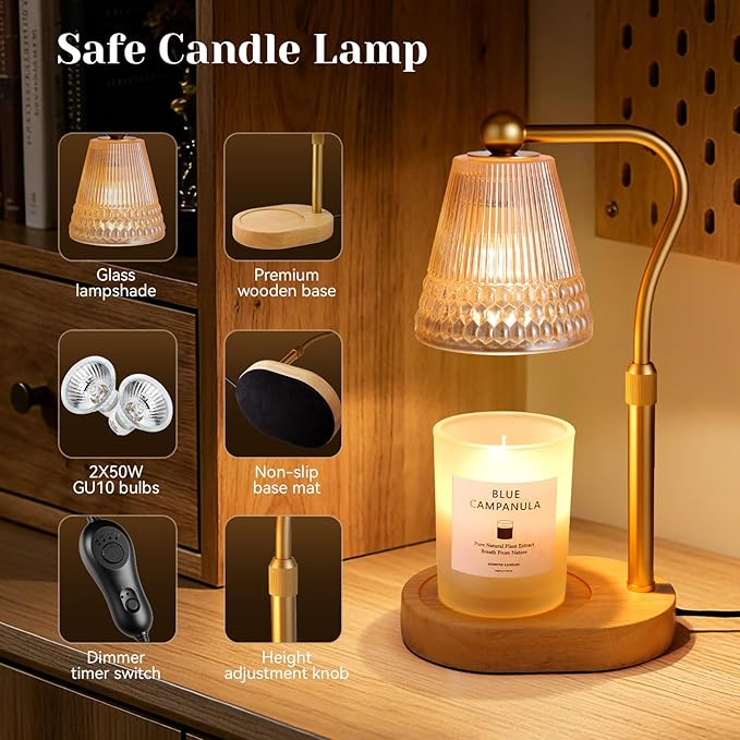 Candle Warmer Lamp Adjustable Height & Dimmable, Electric Candle Warmers for Jar Candles, Home Decor Lamp with Timer, Perfect Gifts for Women Men, Safe Night Light for Bedroom Office (Amber-wood)