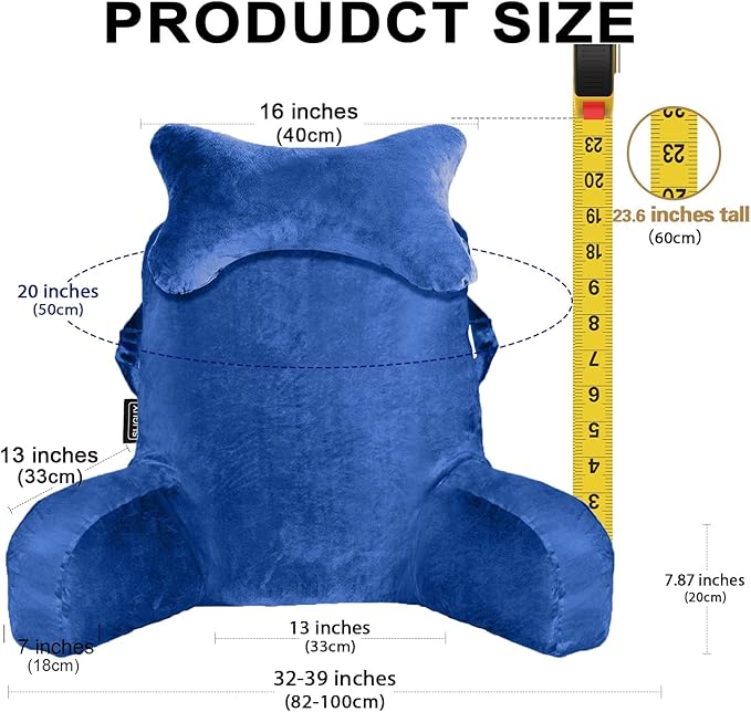 SLIGUY Reading Pillow for Sitting in Bed Couch Adult, Back Pillow with arm Support and Pockets, Adult Back Pillow Bed Chair for Bed Rest, Reading, Watching TV, Gaming for Boys and Girls Blue
