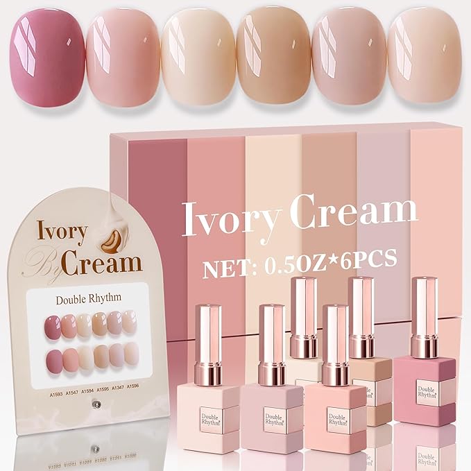 Double Rhythm 6 Pcs 15 ML Gel Polish Set Same Color Same Bottle Soak Off Gel Polish Kit Nail Art Manicure Salon DIY at Home for Women (Light Dark Nude Beige Cream Pink-T6-18)