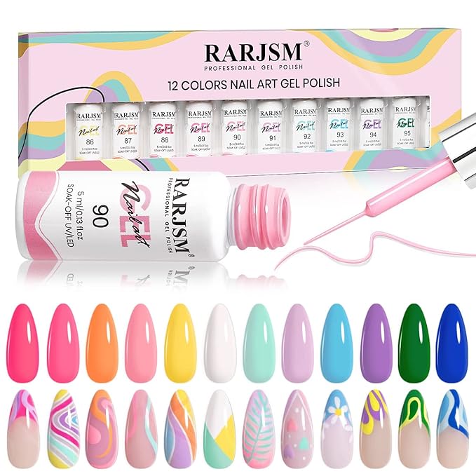 RARJSM Gel Liner Nail Art Polish Set,12 Colors Candy Pastel Painting Spring Summer Line Art Gel Built in Thin Skinny Nail Art Brush Soak Off Curing Needed 5ml for Home Salon Nail Design